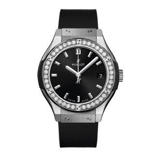 1:10 super namaak horloges Hublot Classic Fusion Titanium Diamonds 33mm Ladies Watch Black Rubber 581.NX.1470.RX.1104