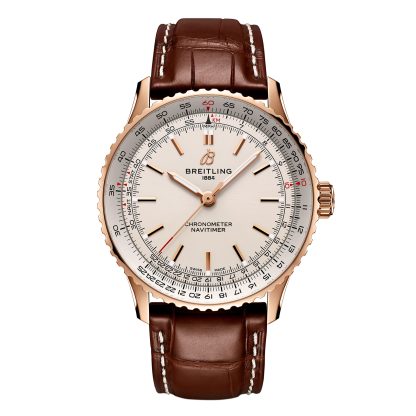 Prijs van Zwitserse replica horloges Breitling Navitimer Automatic 41mm Mens Watch Silver 18k Rose Gold Alligator R17329F41G1P1