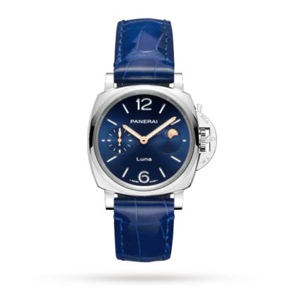 Prijs van Zwitserse replica horloges Panerai Luminor Due Luna Moonphase 38mm Ladies Watch Blue Alligator PAM01179