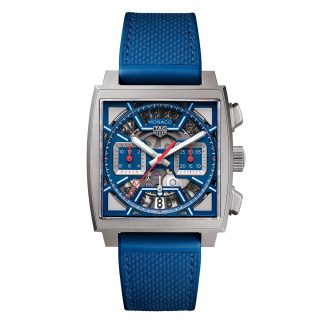 Replica horloges vs echt TAG Heuer Monaco Chronograph 39mm Mens Watch Titanium Blue Rubber and Leather CBL2182.FT6235