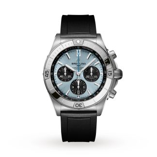 Replica pols Breitling Chronomat B01 42 Stainless Steel platinum Rubber Strap Ice Blue Watch Rubber PB0134101C1S1