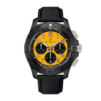 Vrouwen swiss replica horloges Breitling Avenger B01 Chronograph 44mm Night Mission Mens Watch Yellow Black Leather Calfskin SB0147101I1X2