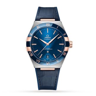 Vrouwen swiss replica horloges Omega Constellation Co-Axial Master Chronometer 41mm Mens Watch Blue Leather O13123412103001