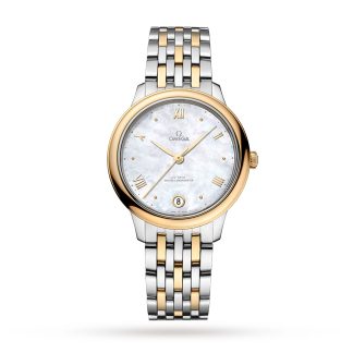 Vrouwen swiss replica horloges Omega De Ville Prestige Co-Axial Master Chronometer 34mm Ladies Watch White Stainless Steel & 18ct Yellow Gold O43420342005002