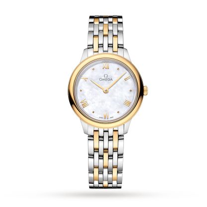 Vrouwen swiss replica horloges Omega De Ville Prestige Quartz 27.5mm Ladies Watch White Stainless Steel & 18ct Yellow Gold O43420286005001