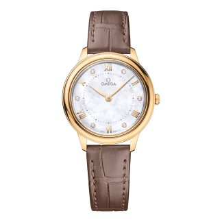 hoge kwaliteit luxe Omega De Ville Prestige 30mm Ladies Watch Mother Of Pearl Yellow Gold Calfskin O43453306055002