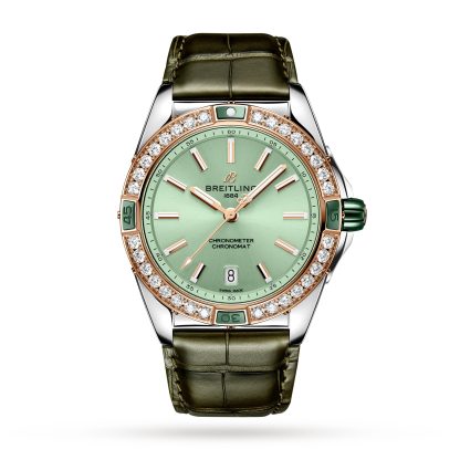 replica luxe Breitling Super Chronomat Automatic 38 Green Stainless Steel 18ct Rose Gold Leather Strap Watch Crocodile Leather U17356531L1P1