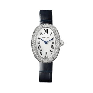 replica luxe Cartier Baignoire watch small model quartz movement. 18K white gold (750/1000) case set with brilliant-cut diamonds. Alligator WJBA0015