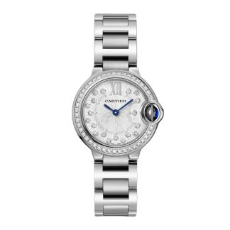 replica luxe Cartier Ballon Bleu de Cartier watch 28 mm quartz movement Steel case fluted steel crown set with a synthetic cabochon-shaped spinel. Steel W4BB0034