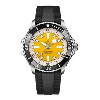 replica ontwerper Breitling Superocean Automatic Code Yellow UK Edition 46mm Mens Watch Yellow Rubber Rubber A173781A1I1S1